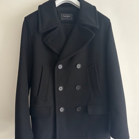 Lacoste Double Breasted Black Wool Pea Coat/ Naval Jacket - 44 - Picture 1 of 11